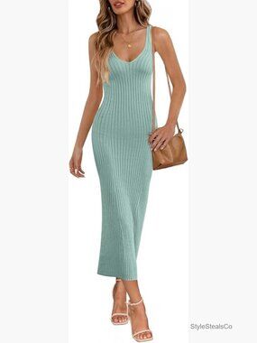 Womens Summer Bodycon Knit Midi Dress V Neck Sleeveless Ribbed Sweater Dress